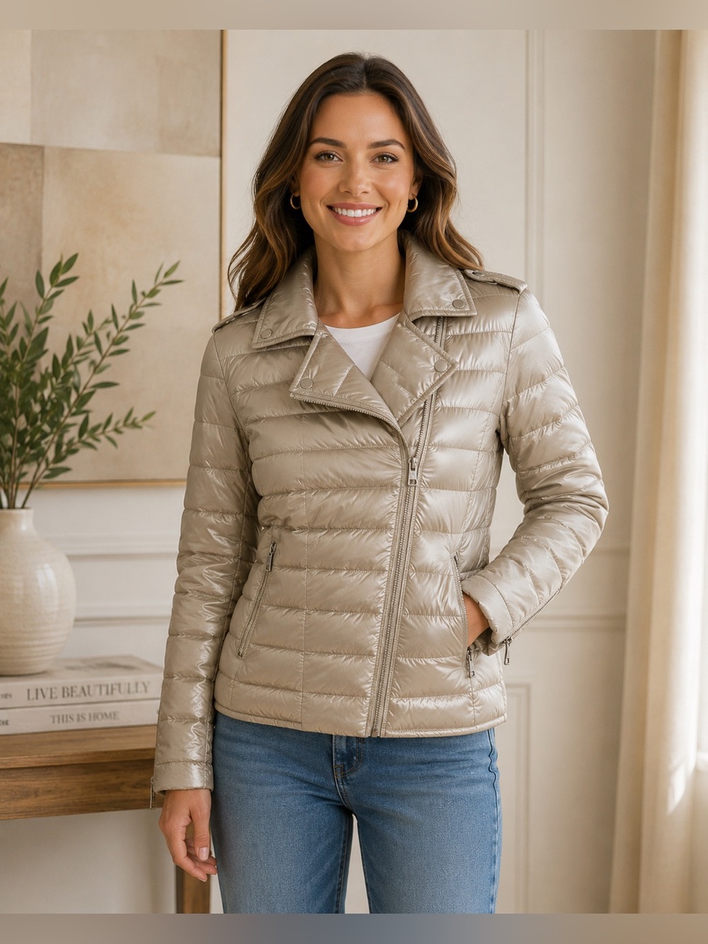DKNY Jeans Cropped Puffer Jacket XL Beige Gold Moto Zip Lightweight Women’s NWT